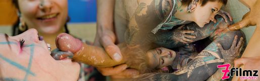 Double Tattooed Bottoms Inked-up Girls Take a Big Cock Together