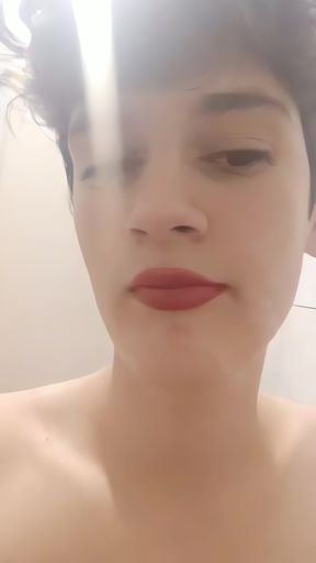 Sissy Serena licks the cum from her lips after self facial