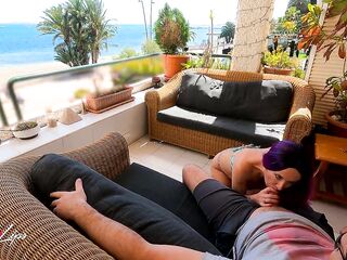 Risky public quickie on the balcony with my step daddy's ally