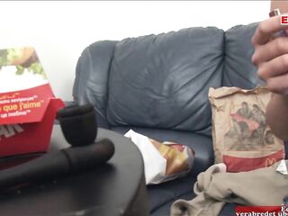 Anal porn with a breasty brunette hair bitch and with milk and food