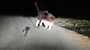 On public road total naked whore on leash and high heels pissing while sucking husband's cock