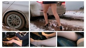 Sexy real estate got stuck on icy hill in powerful BMW_UPSKIRT!!!