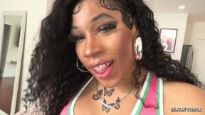 BLACK-TGIRLS Ebony Trans Woman in Pink Top Spreads Legs and Masturbates on Bed