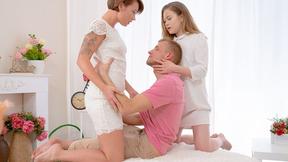 ”Cuties drag a dude into an group sex”