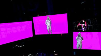 Transdroid with big tits in cyberpunk lingerie jerks off on your screen