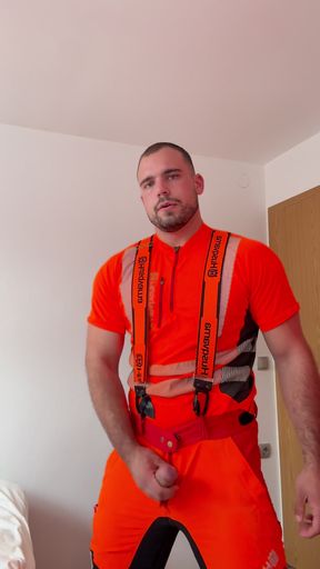 Lumberjack in Hivis Jerks His Huge Cock and Muscle Worship