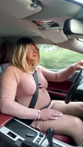 Amateur crossdresser Kellycd2022 sexy milf masturbating in my car sexy fishnet pantyhose and heels