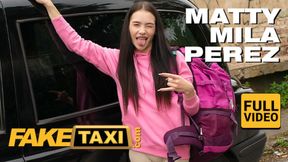 Skinny Latina teen rides big cock in fake taxi scene
