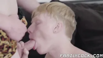 Stepdad and stepson share a twink friend in bareback threesome