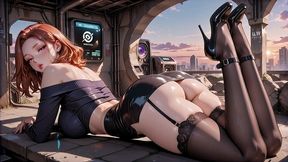 teasing busty black-lace kouhai filled all day in high-tech corridor