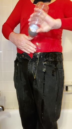 Cd pissing and pouring piss on nylon pantyhose leotard and jeans.