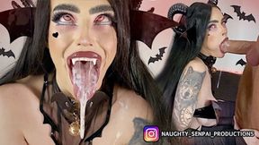 Goth girl gets a sloppy blowjob and footjob in Succubus cosplay