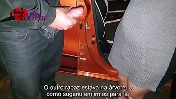 Horny guy is jerking off in a public place and getting a blowjob from Cristina Almeida