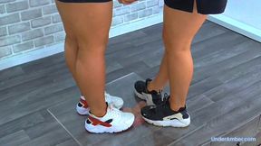Stomping The Cum From Your Cock & Balls Under Our Nike Huaraches & Plexiglass - 190 Balls Cam - Goddess Amber - Miss Lucy - Trample CBT Ballbusting
