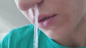 I blow my snot on my face and play with it with my tongue and hand.