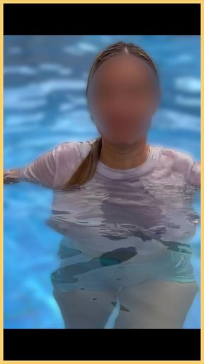 Wifey wet shirt in the pool with perfect braless tits