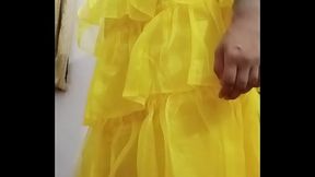 Indian gay Crossdresser Bottom pressing and playing with her big boobs in yellow gown real homemade sex