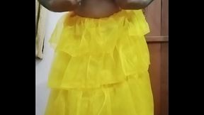 Indian gay Crossdresser Bottom pressing and playing with her big boobs in yellow gown real homemade sex