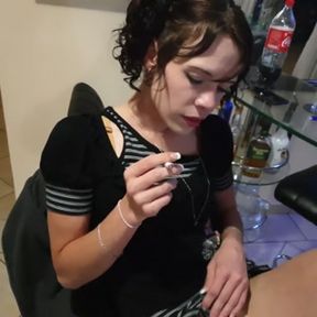 pigtail girl smoking cigarette in short dress shows off pussy and asshole