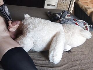 Cute femboy screws his plushie desperately and cums