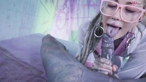 Tattooed Chick's Tattooed Dick riding Passion Glasses, Buttplug, and DP, Facial