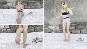 Milana poses in cold weather, rubbing herself with snow and shivering from the cold