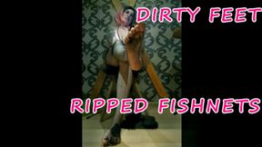 Lady Angela dirty feet ripped fishnets femdom foot smelling