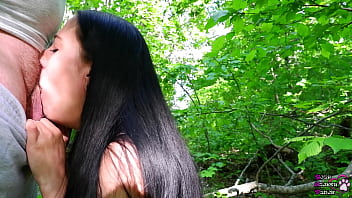 Young black haired cocksucker made fat cock cum in the forest