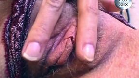 Blonde Fingers Hairy Pussy with Toy on Couch