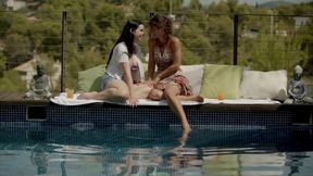 Naughty Lesbians Julia Roca And Maria Riot Share Glass Dildo Poolside