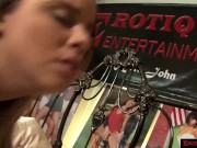 Cum dribbles down teen sluts face as she gives POV bj to daddy