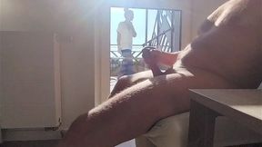 maid walks in through balcony as dickflash shoots cum on her tits in hotel