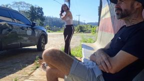 Risky Masturbation with a Stranger at a Bus Stop!
