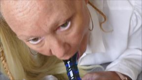 natalie k sucking & fucking a glass dildo in open blouse & stockings
