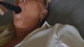 natalie k sucking & fucking a glass dildo in open blouse & stockings