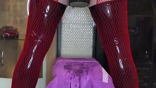 Crossdresser anal stretching and training with huge butt plugs, corsage, mini skirt, and latex stockings