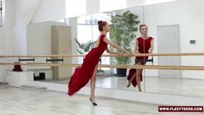 Petite Russian gymnist Zadornaya in red dress demonstrates flexibility and