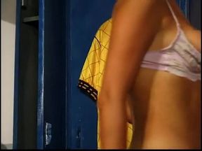 Blonde girl bends over and gets her ass eaten out in locker room