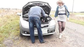Sexy blonde MILF car broke down Random passerby helped fix and fucked Milf in doggy style on hood of auto Slut Whore