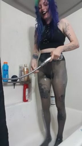 Goth girl being silly and sexy in WET PANTYHOSE