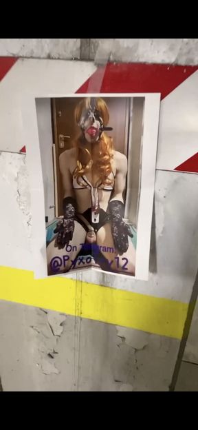 Sissy exposed in the public parking of the supermarket.