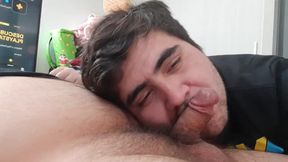 Bearded latino gags on small cock choking himself stupid until cum shot