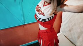 A cute busty married woman exercises 2 in a sexy cheerleader costume. Home made amateur Private Shoot