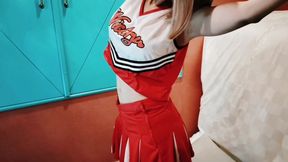 A cute busty married woman exercises 2 in a sexy cheerleader costume. Home made amateur Private Shoot