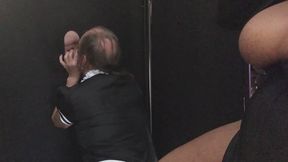 sissy slut kneels and sucking cock at gloryhole while Goddess MXDominion watches 4k