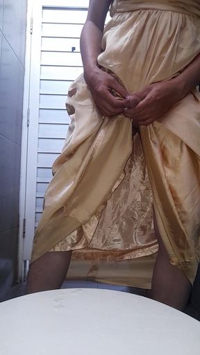 Satin Gold Long Dress Masturbation Cum