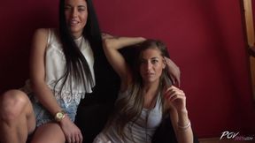 Nasty babes share one cock in homemade POV fuck