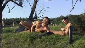 I Am a Young Scruffy Stud and I Get Drilled Anal by Two Hung Guys Outside in a Trio and Cum