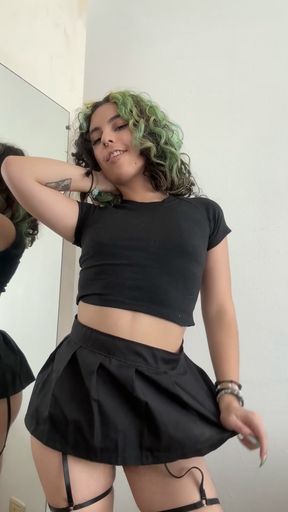 Tiny hairy babe shows off her tattooed pussy