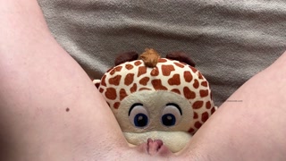Pretty brunette peeing on plushie humping 4K POV